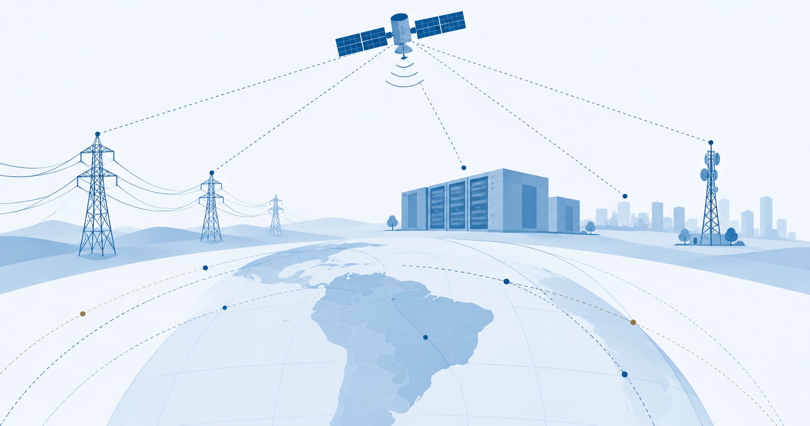 Satélite distribuindo sinal para linhas de transmissão, um data center e uma torre de telecomunicações, sobre um globo centrado na América do Sul
